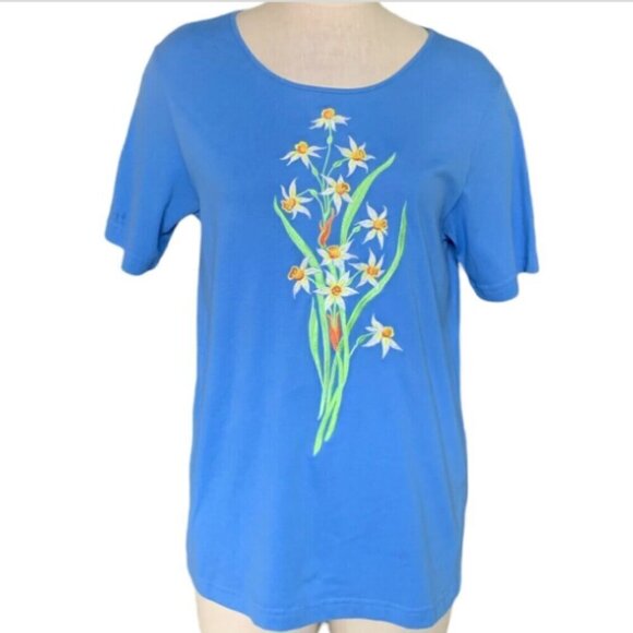 Bob Mackie Embroidered Daffodil Short Sleeve Tee Top Blue Sz M #303G - Picture 1 of 6